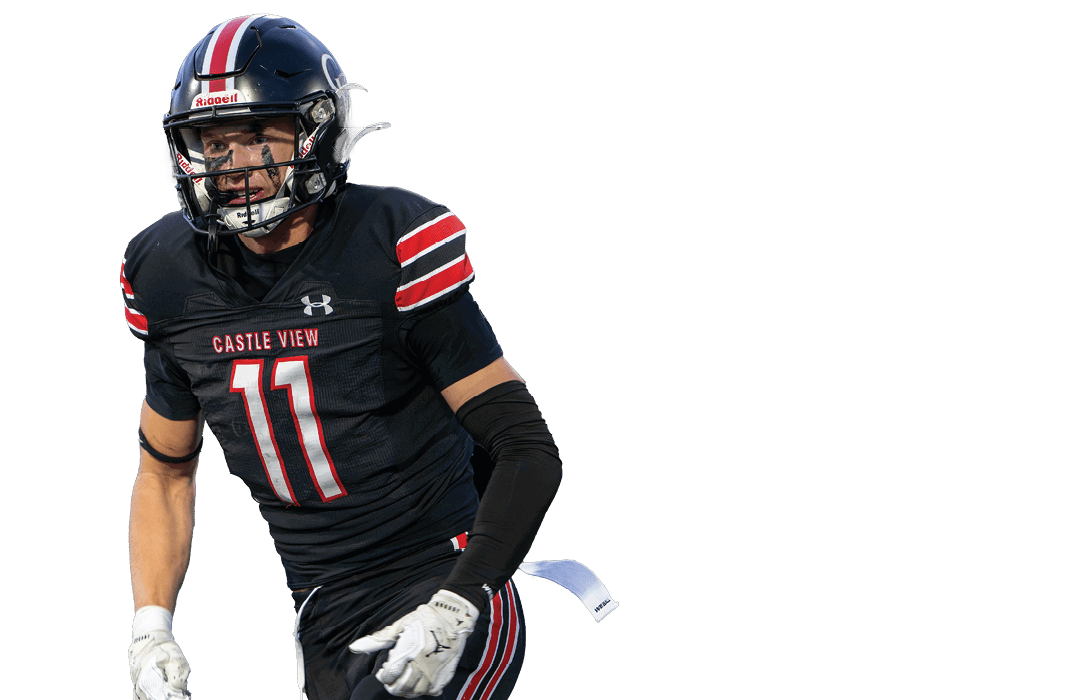 A person wearing a black football uniform with the number 11 and orange cleats is running. Description generated by AI