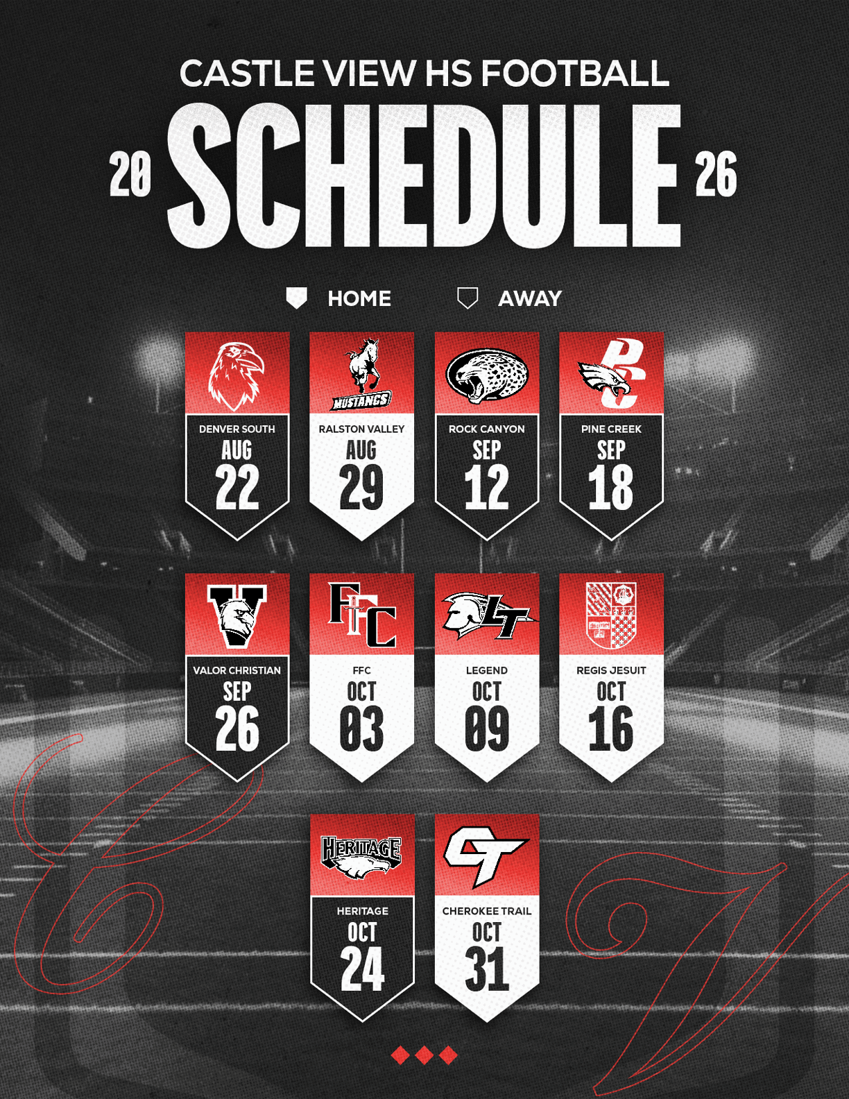 Castle View High School football schedule for 2026 showing home and away games with team logos and dates on a dark background. Description generated by AI