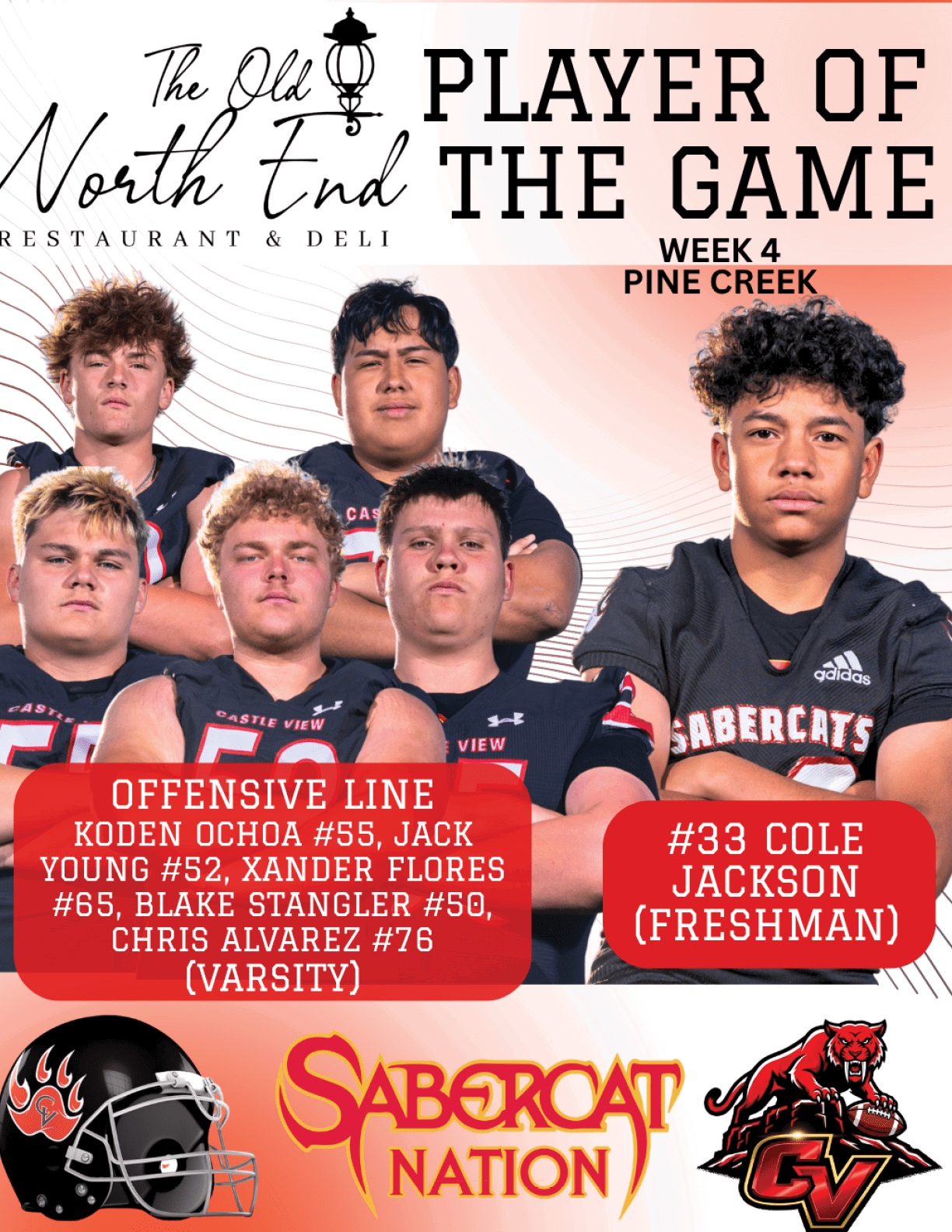 Five people in football uniforms pose for a team photo with text highlighting players from the offensive line and a freshman player for the Pine Creek Sabercats in week four. Description generated by AI