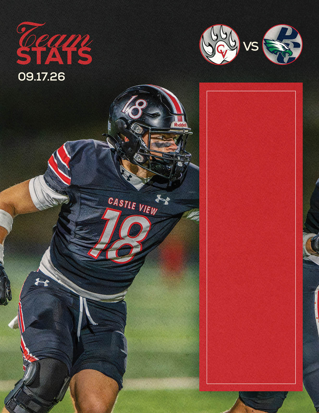 A person wearing a Castle View football uniform with the number 18 is in an action pose on a field with a graphic showing team stats and logos for a game on 09.17.26. Description generated by AI