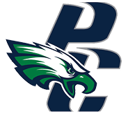 A stylized green and white eagle head is positioned in front of large dark blue letters “PC" with a white outline. Description generated by AI