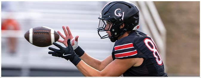 An adult wearing a black football uniform with red and white stripes is reaching out to catch a football on a field with blurred spectators and a referee in the background. Description generated by AI