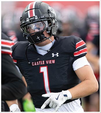 A person wearing a black football helmet and black jersey with “CASTLE VIEW" and the number one on it is looking to the side during a game. Description generated by AI
