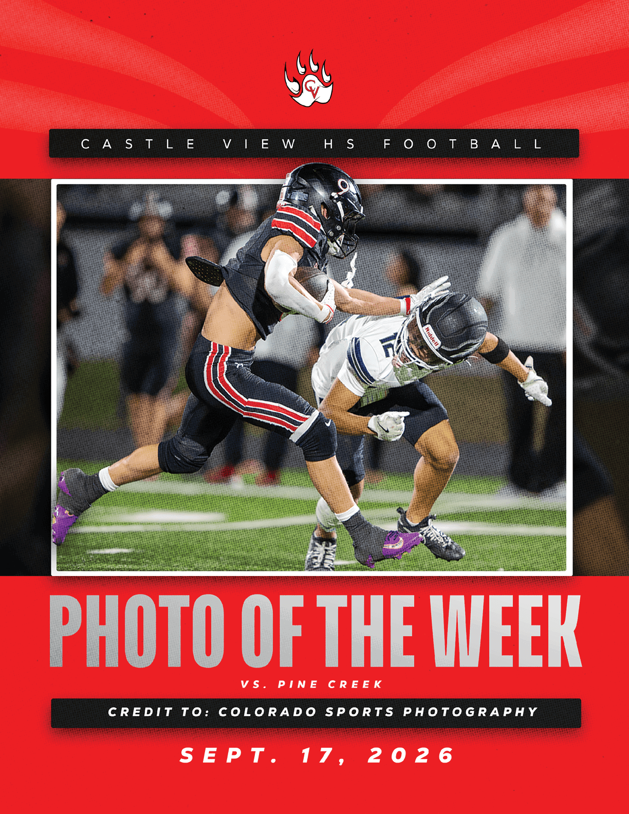 Two football players in action on a field with one player tackling the other, framed by a red and black graphic design highlighting Castle View High School football and the date September 17, 2026. Description generated by AI