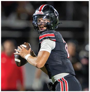 A person wearing a black football uniform with red and white stripes is holding a football and preparing to throw it on a field at night. Description generated by AI