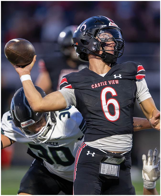 A person wearing a black Castle View football uniform with the number six is preparing to throw a football while another player in a white uniform attempts to block. Description generated by AI