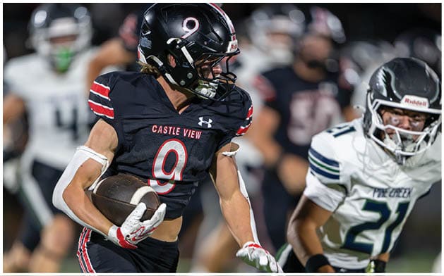 A person wearing a black football uniform with the number nine is running with a football while another person in a white and black uniform with the number twenty-one is chasing behind on a football field. Description generated by AI