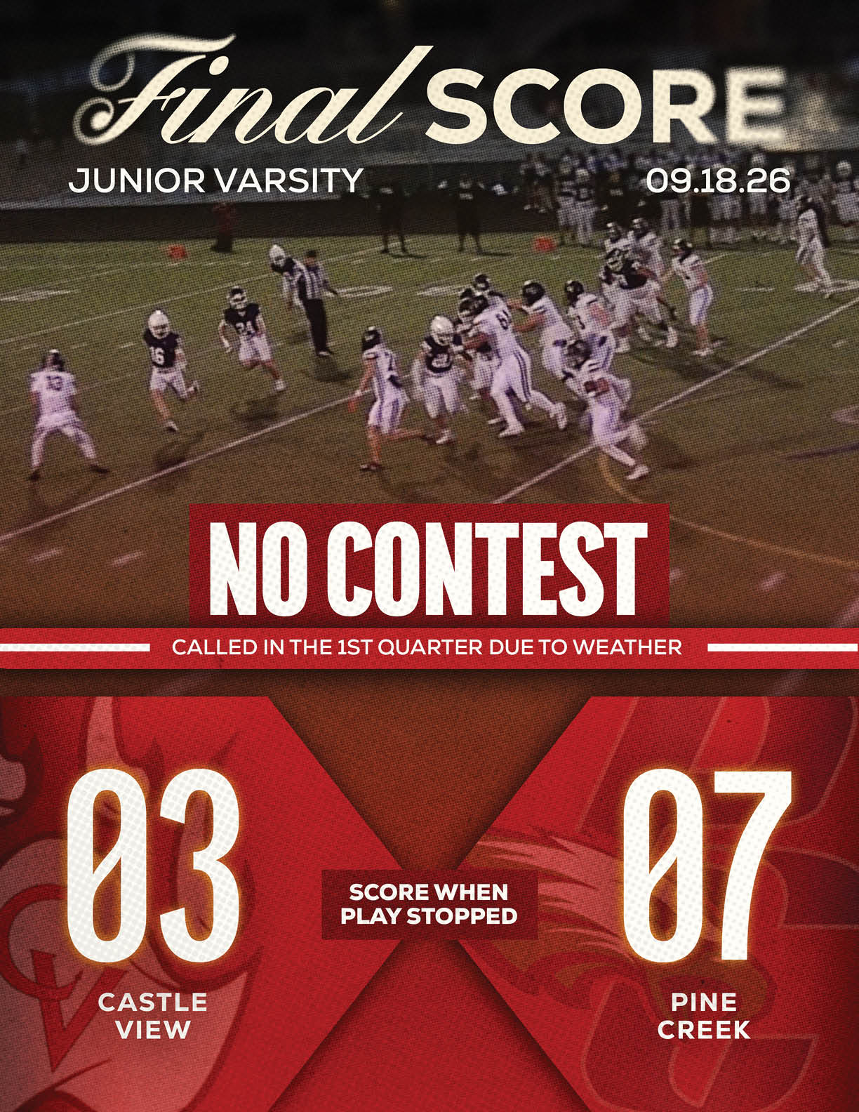A junior varsity football game was called off in the first quarter due to weather with Castle View scoring three points and Pine Creek scoring seven points when play stopped. Description generated by AI