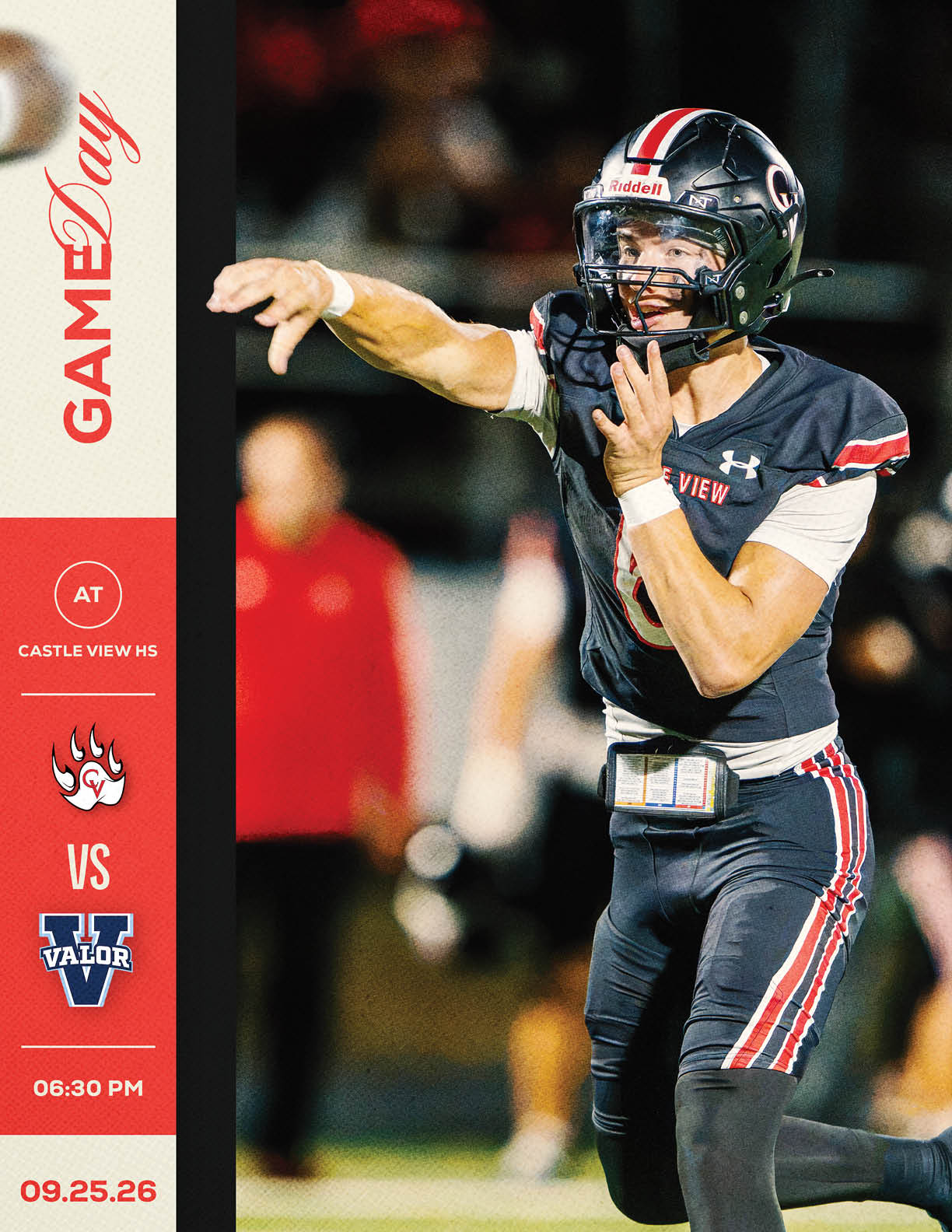 A person in a football uniform is throwing a football during a nighttime game with a blurred crowd in the background and a graphic on the left side showing game details for a match between Castle View HS and Valor at 5:30 PM on 09.25.26. Description generated by AI