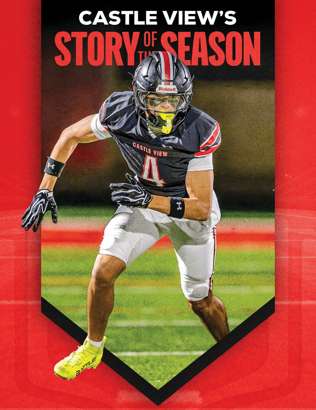 An athlete wearing a black and white football uniform with the number 4 and bright yellow cleats is in a ready stance on a green field with red and white markings, framed by a red banner that reads Castle View's Story of the Season. Description generated by AI