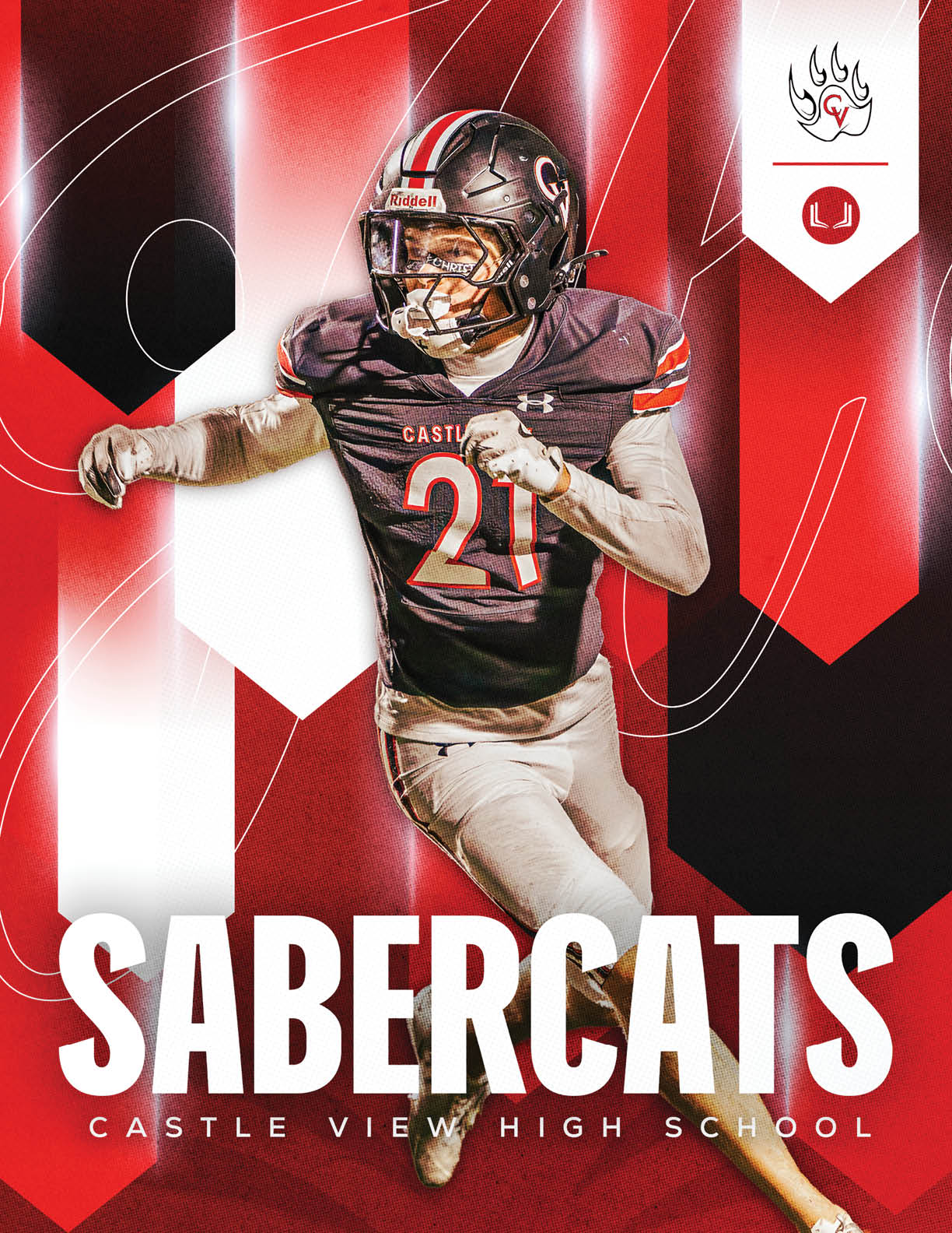 A person in a football uniform with the number 21 is running on a red and black background with the text Sabercats and Castle View High School. Description generated by AI