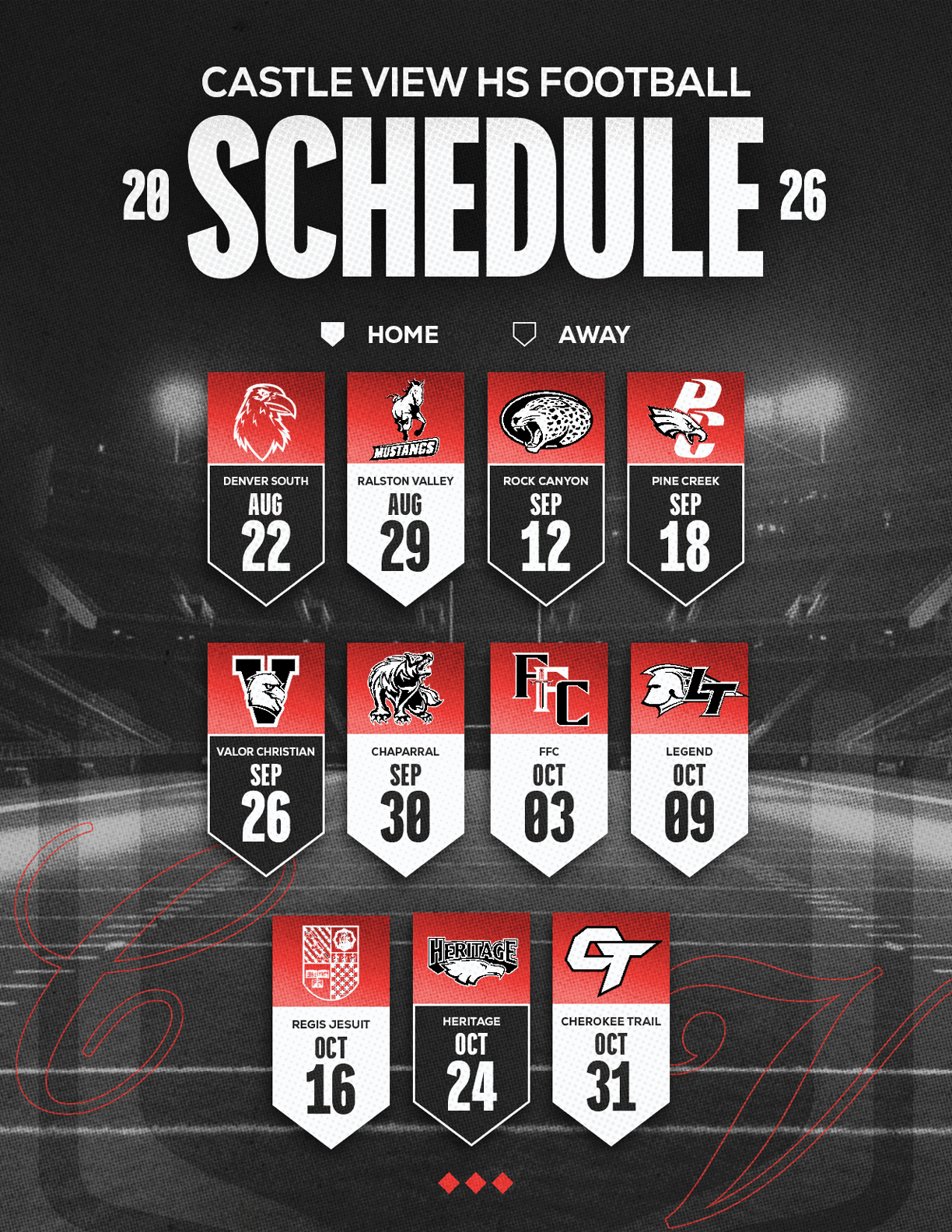 Castle View High School football schedule for 2026 with dates and opponents displayed in a bold red and white graphic design. Description generated by AI
