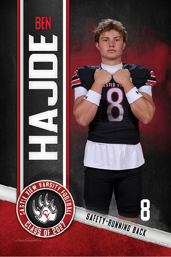 A person wearing a black football uniform with the number 8 stands with arms crossed in front of a red and black background with the name Ben Hajde and Castle View Varsity Football Class of 2023 text. Description generated by AI