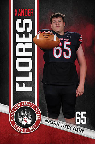A person wearing a black football uniform with the number 65 is holding a football forward with a background featuring the name Xander Flores and a Castle View Varsity Football Class of 2021 emblem. Description generated by AI