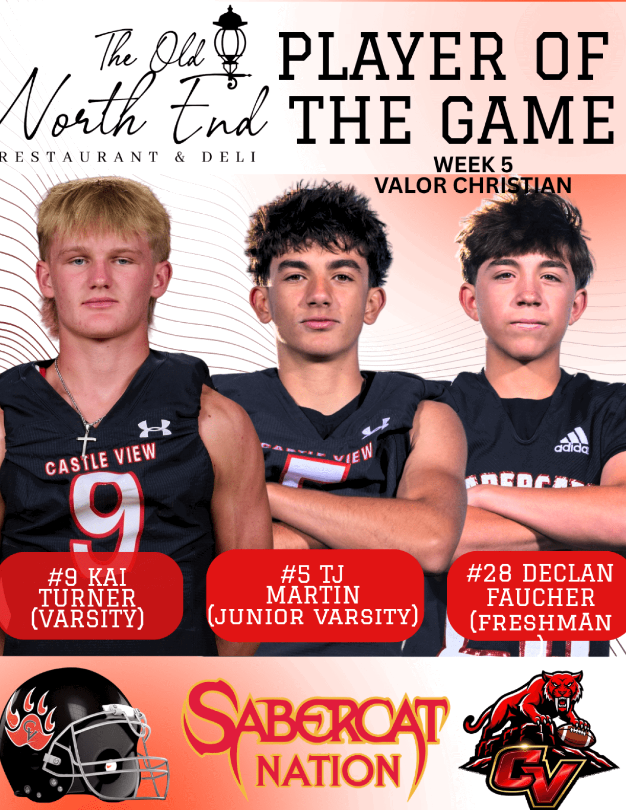Three young athletes in football uniforms stand side by side with arms crossed under a banner naming them players of the game for week five at Valor Christian, featuring their names, team logos, and a restaurant sponsor. Description generated by AI