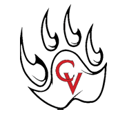 A stylized black bear paw print with the red letters CV overlapping inside the palm area. Description generated by AI