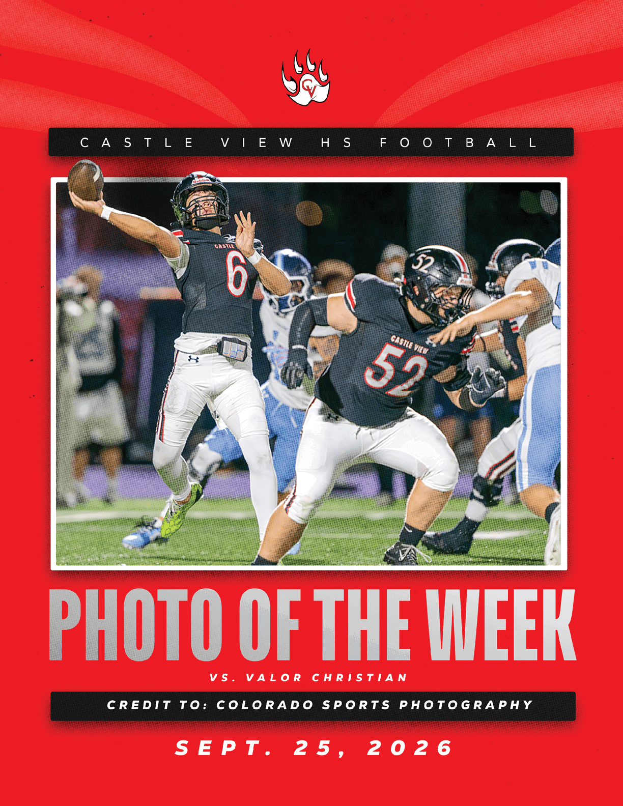 Two people in football uniforms are actively playing on a field with one preparing to throw a football and the other blocking an opponent during a night game. Description generated by AI