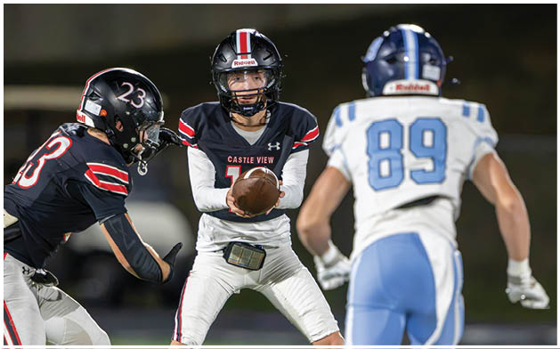 Three people in football uniforms are on a field with one person holding a football ready to hand it off while the others prepare to receive or block. Description generated by AI