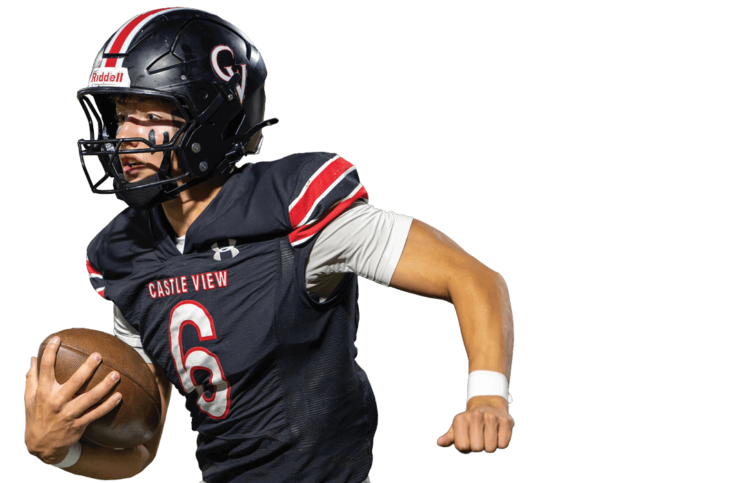 A person wearing a black football helmet and a black jersey with red and white stripes on the sleeves is in an action pose. Description generated by AI