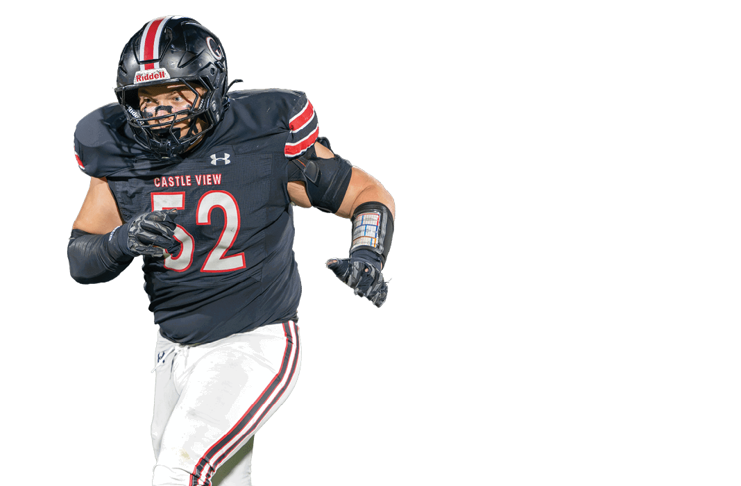 A person wearing a black football uniform with the number 52 and the words Castle View is running on the field. Description generated by AI