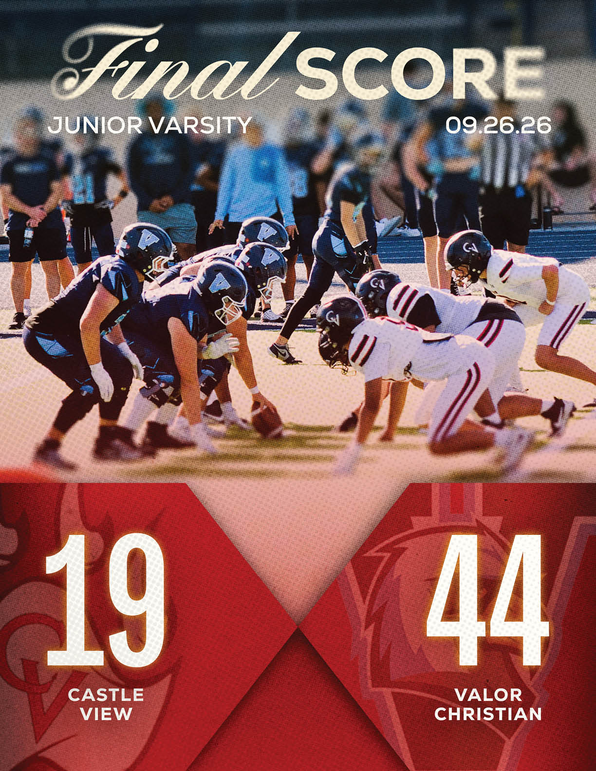 Two opposing football teams in formation on the field with a scoreboard showing the final score of a junior varsity game between Castle View and Valor Christian. Description generated by AI