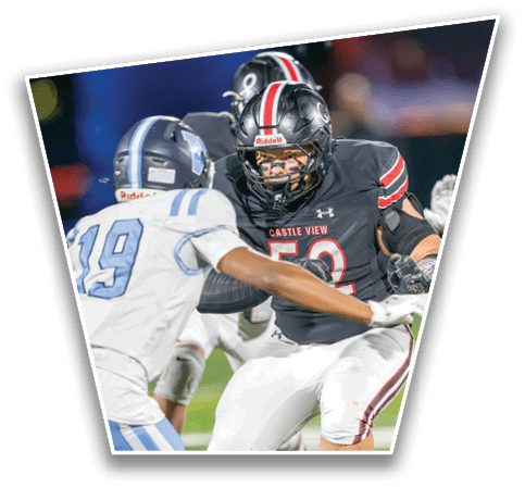 Two people in football uniforms are engaged in a play on a field, with one wearing a black jersey labeled “Castle View" and the other in a white jersey. Description generated by AI