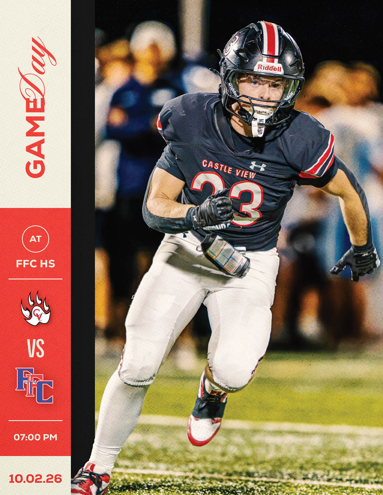 A person wearing a Castle View football uniform with the number 23 is running on a field during a game against FFC High School scheduled for 7:00 PM on October 2, 2026. Description generated by AI