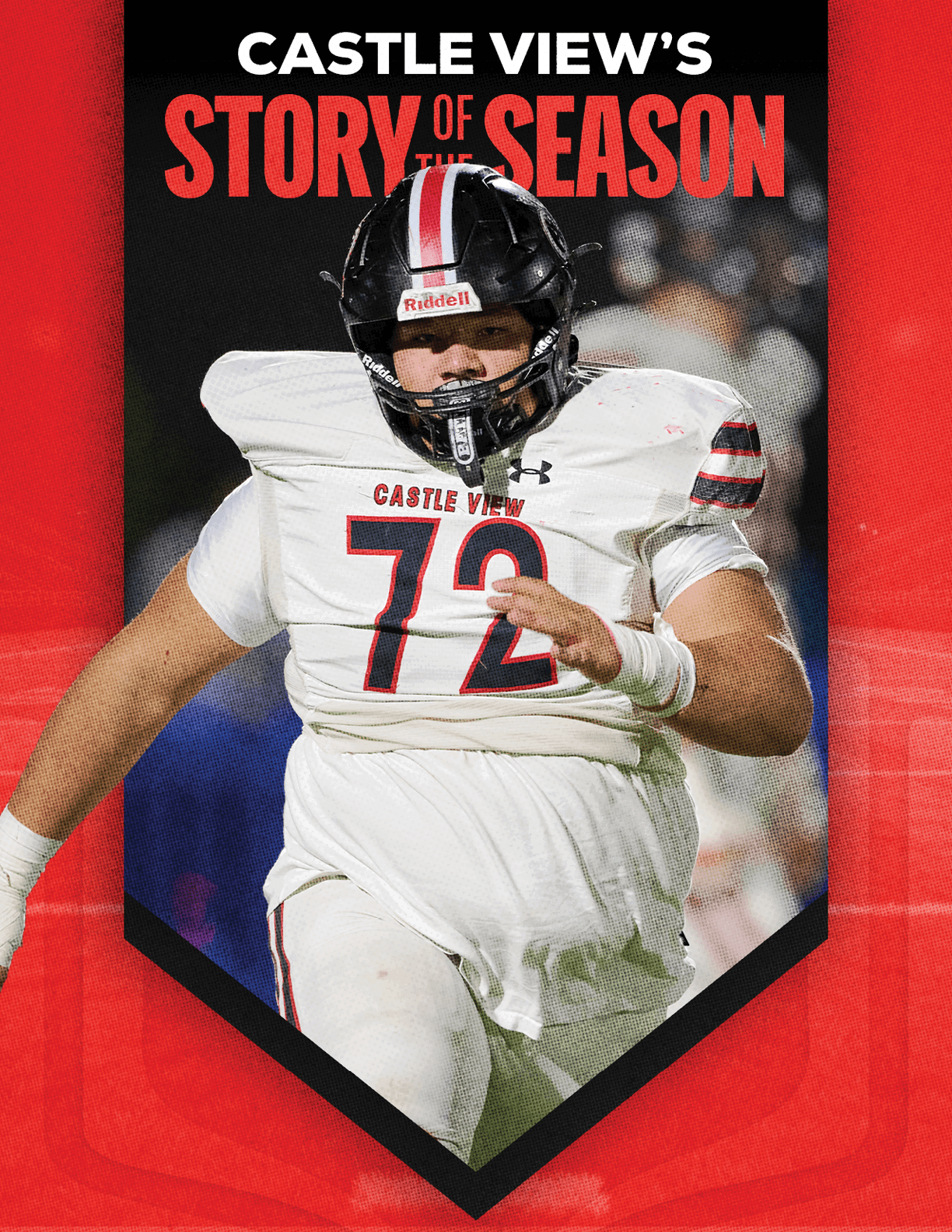 An adult wearing a white football uniform with the number 72 and a black helmet is running on a field with the text Castle View's Story of the Season above. Description generated by AI