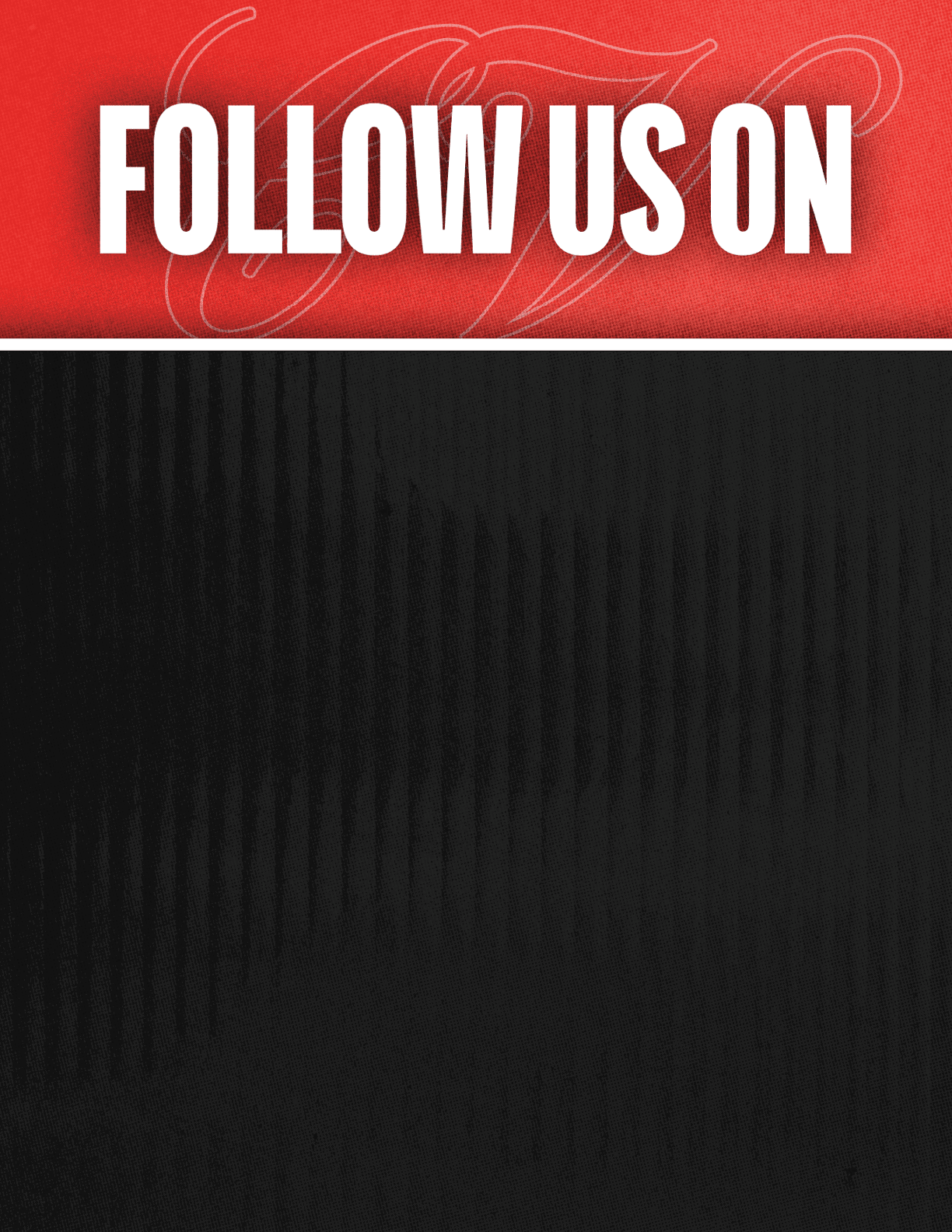 A black and red sign that says Follow Us On. Description generated by AI