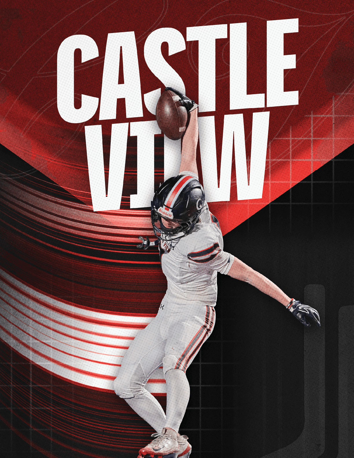 A person in a white football uniform with red and black stripes is jumping and reaching up to catch a football against a dynamic red and black background with the bold white text “CASTLE VIEW." Description generated by AI