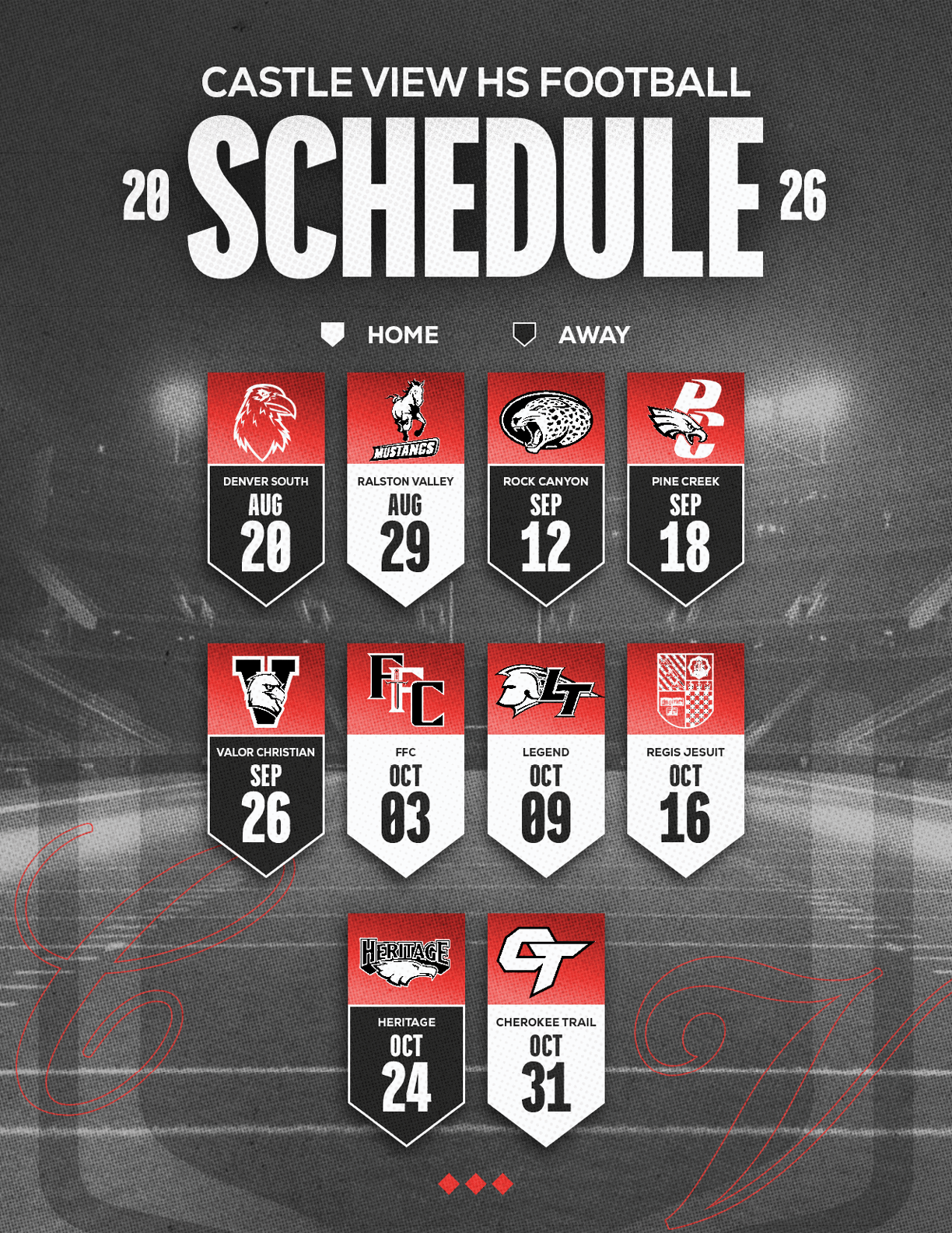 Castle View High School football schedule for 2026 showing home and away games with team logos and dates on a dark background. Description generated by AI