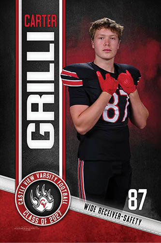 A person wearing a black football uniform with red and white stripes and red gloves poses with hands near the chest against a dark background with red accents, accompanied by text displaying the name Carter Grilli, the number 87, and the label wide receiver-safety. Description generated by AI