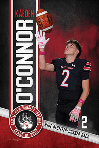 A person wearing a black football uniform with the number 2 is reaching up to catch a football against a red and black background with the name Kaeden O'Connor and Castle View Varsity Football Class of 2027 text. Description generated by AI