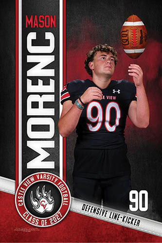 A person wearing a black football uniform with the number 90 is tossing a football in the air next to a vertical banner that reads Mason Morenc and a circular emblem for Castle View Varsity Football Class of 2022. Description generated by AI