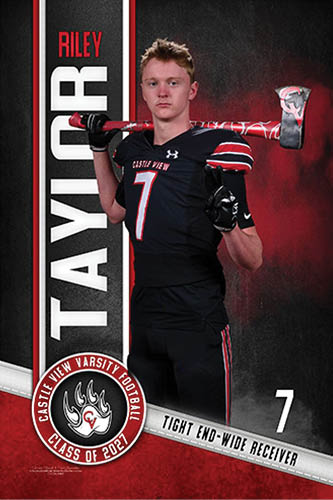 A person in a black football uniform with the number seven stands holding a decorated axe over their shoulder against a background featuring the name Taylor, the word Riley, and a Castle View Varsity Football logo. Description generated by AI