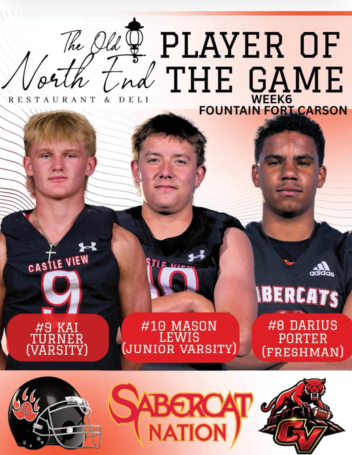 Three young athletes wearing black football jerseys with numbers nine, ten, and eight pose for a player of the game recognition at The Old North End Restaurant & Deli for week six at Fountain Fort Carson. Description generated by AI