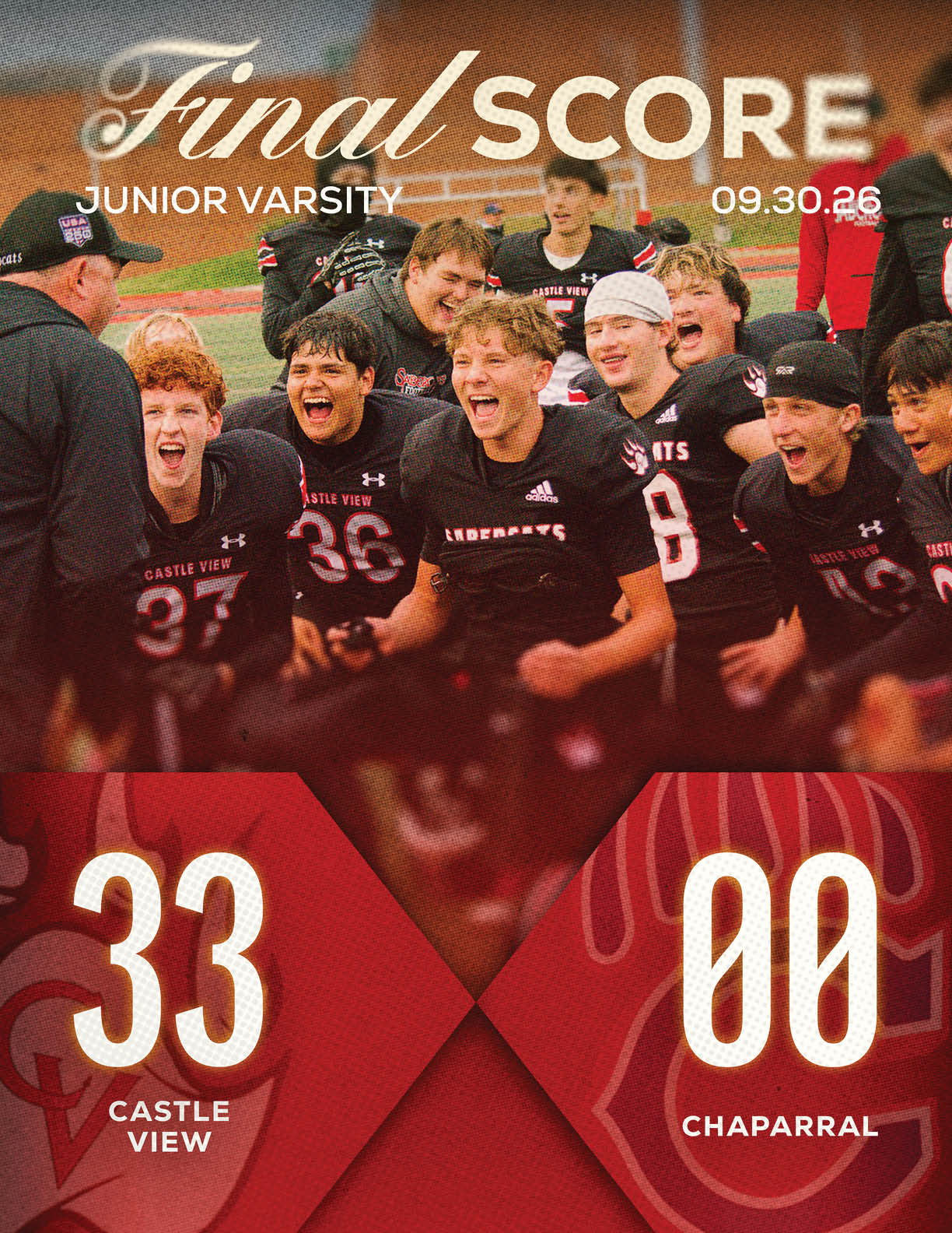 A group of jubilant young athletes in black sports uniforms celebrate on a field with a scoreboard showing a final score where Castle View defeated Chaparral. Description generated by AI