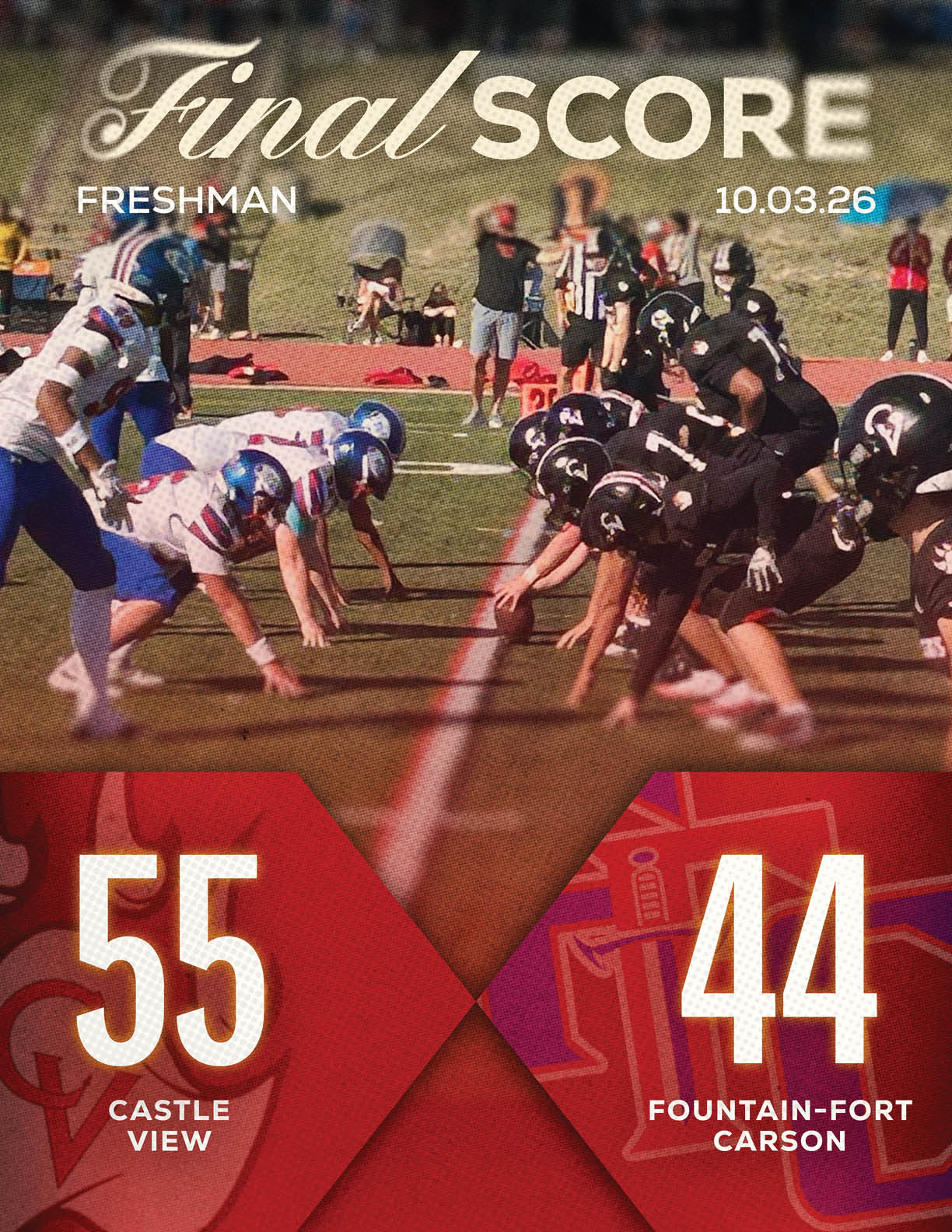 A football game scene shows two teams lined up against each other on the field with a final score graphic displaying Castle View defeating Fountain-Fort Carson in a freshman game on October 3rd. Description generated by AI