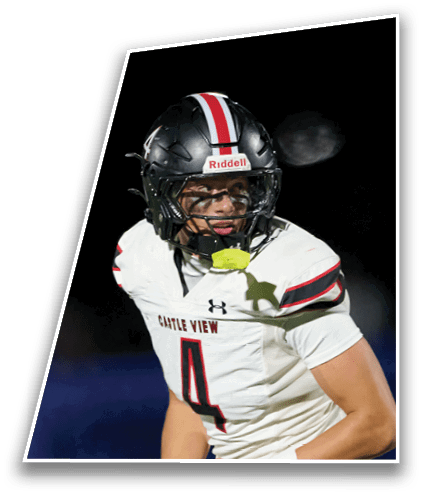 A person wearing a black football helmet and white jersey with “CATTLE VIEW" written on it is looking to the side against a dark background. Description generated by AI