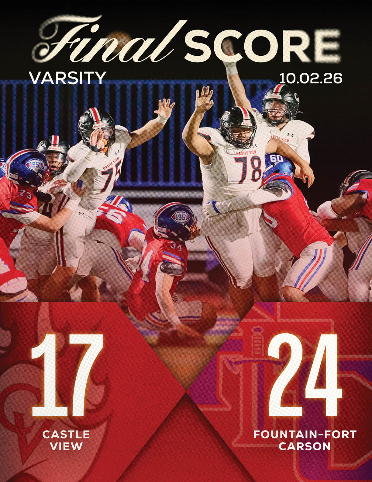 A football game scoreboard shows the varsity final score with players in white and red uniforms actively engaged in a play on the field. Description generated by AI
