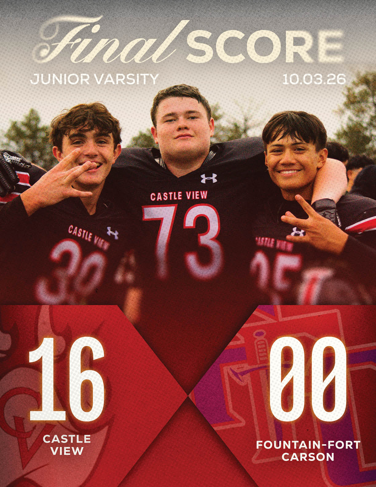Three people in football uniforms pose together smiling with a final junior varsity football score showing Castle View 16 and Fountain-Fort Carson 0. Description generated by AI