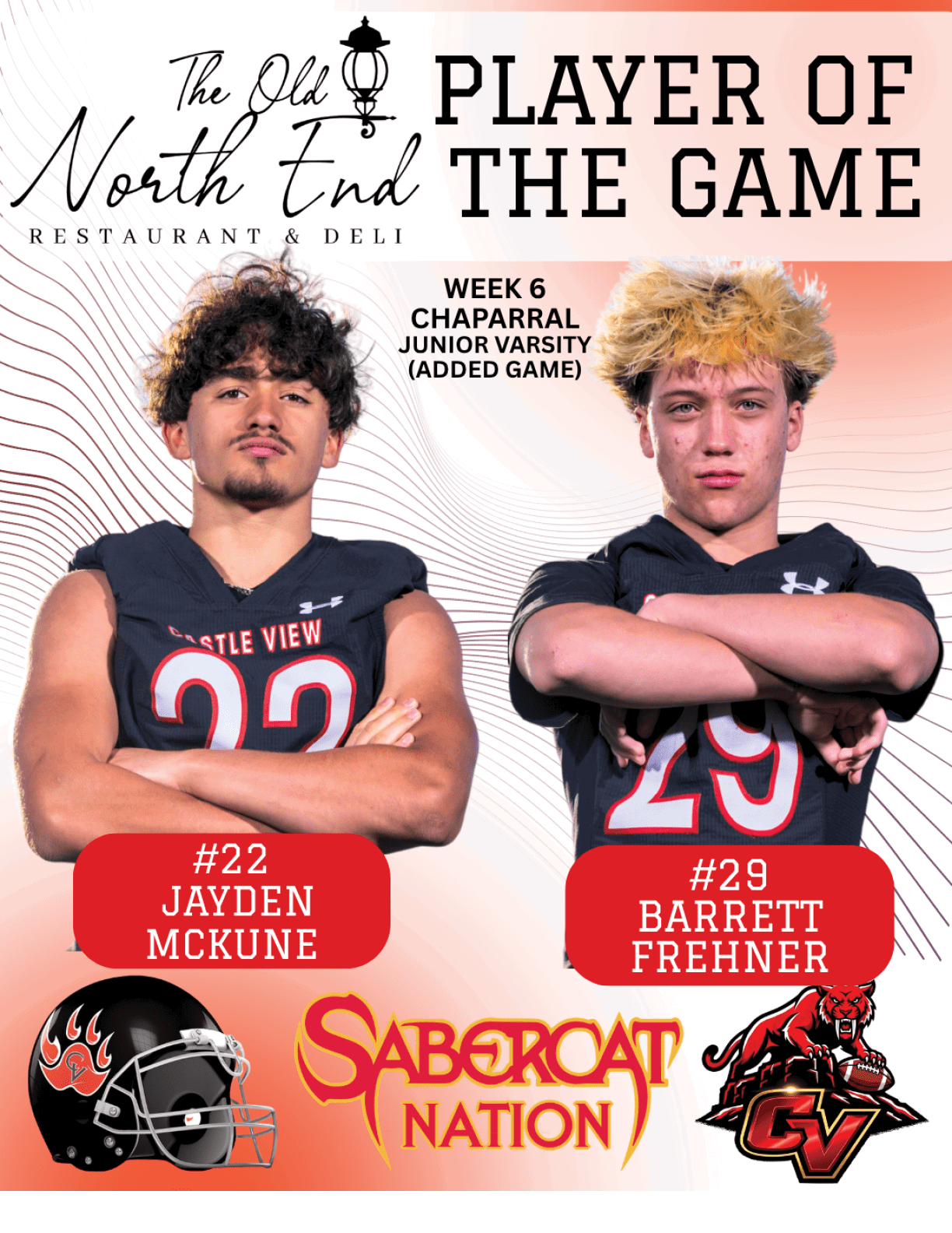 Two adults with curly hair wearing black football jerseys with numbers 22 and 29 pose with arms crossed under the heading “Player of the Game" for a junior varsity football game. Description generated by AI