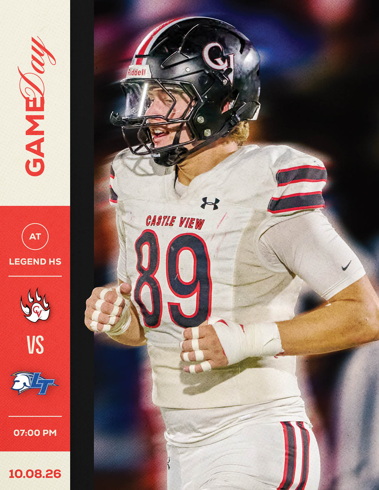 A person wearing a Castle View football uniform with the number 89 and a black helmet is preparing to play in a game against Legend High School at 7 PM on October 8th. Description generated by AI
