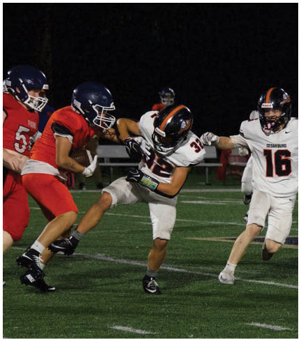 A football player wearing a blue and red jersey. Description generated by AI