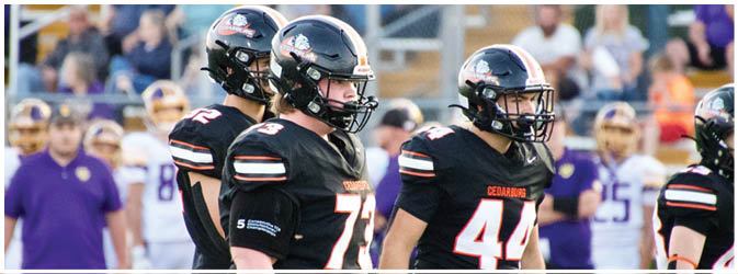 A football game is taking place on a field with players wearing blue and white uniforms. Description generated by AI