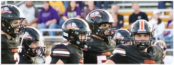 A football game is taking place on a field with players wearing blue and white uniforms. Description generated by AI