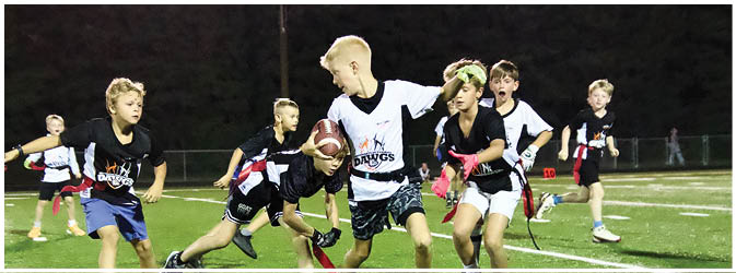 A football game is taking place on a field with players wearing blue and white uniforms. Description generated by AI