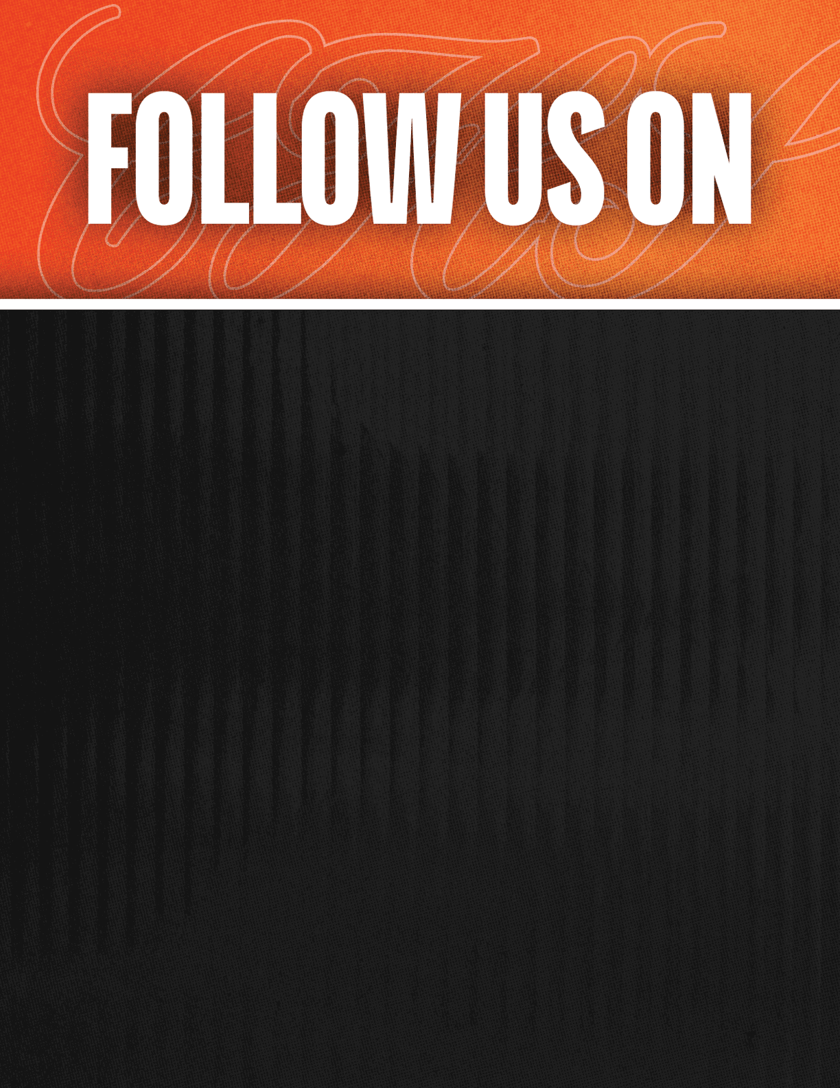 A black and red sign that says Follow Us On. Description generated by AI
