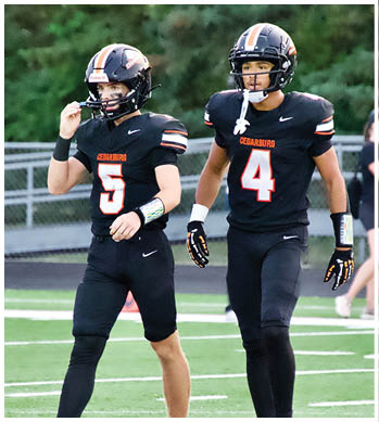 A group of football players celebrating a touchdown. Description generated by AI