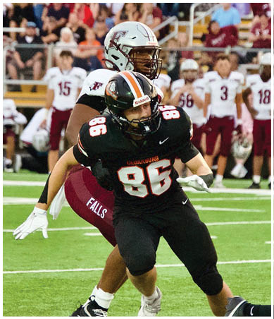 A football player wearing a blue and red jersey. Description generated by AI
